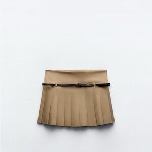 Zara Tan Pleated Skater Mini Skirt